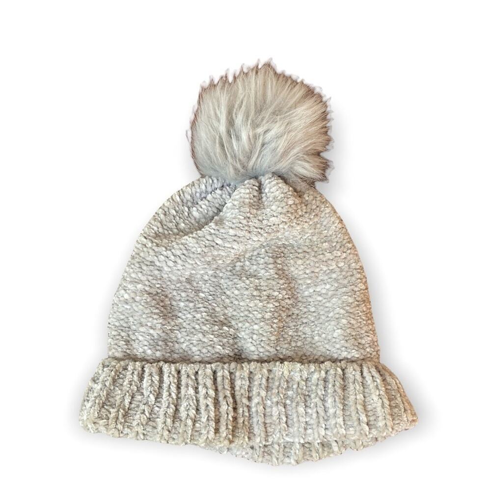 Modena Women’s Beige Knit Beanie Faux Fur Pom Pom Cuffed Winter Hat